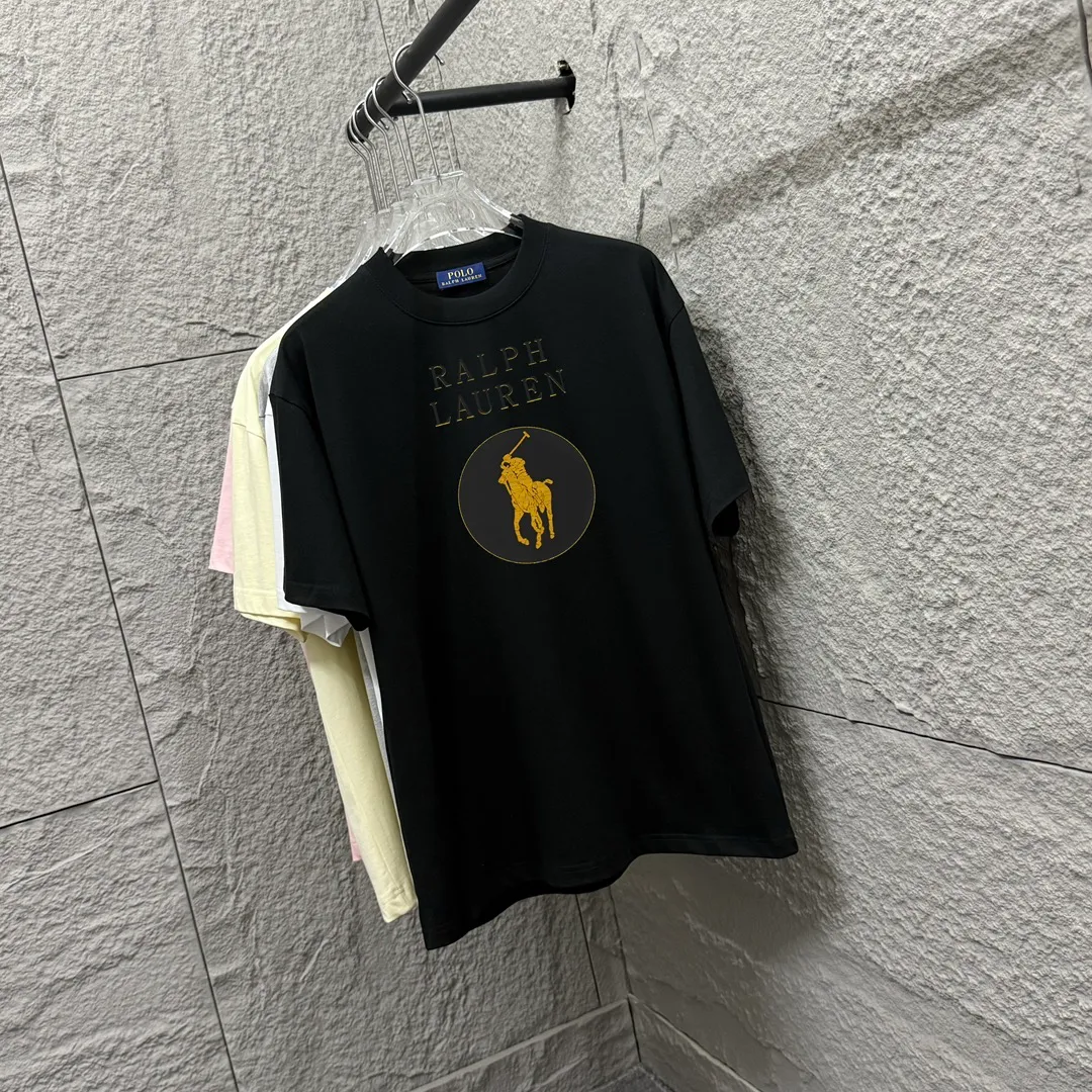 🅿️180 Polo* Ralph Lauren 2025 spring and summer new style Classic letter pony print custom double yarn plain cotton fabric short-sleeved T-shirt for men and women Color: black white Size: S (90-130 pounds) M (120-150 pounds) L (140-165 pounds) XL (160-180 pounds) XXL (180-210 pounds)